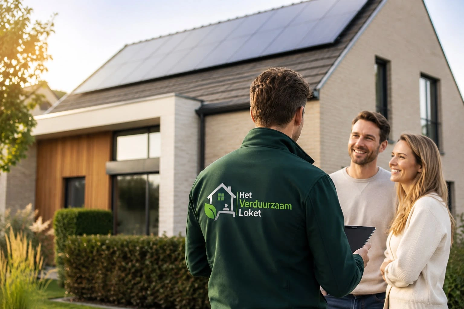 Adviseur bespreekt verduurzamingsmogelijkheden bij een woning met zonnepanelen.