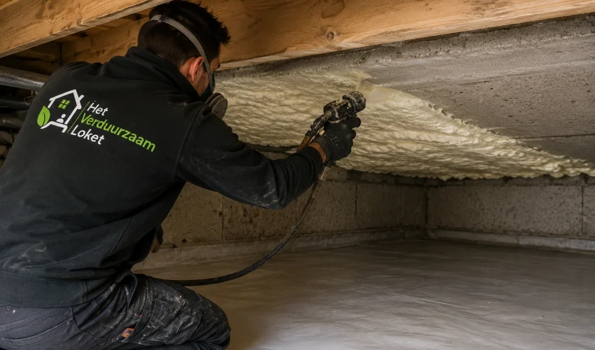 Medewerker brengt bodemisolatie aan onder een woning voor betere isolatie.