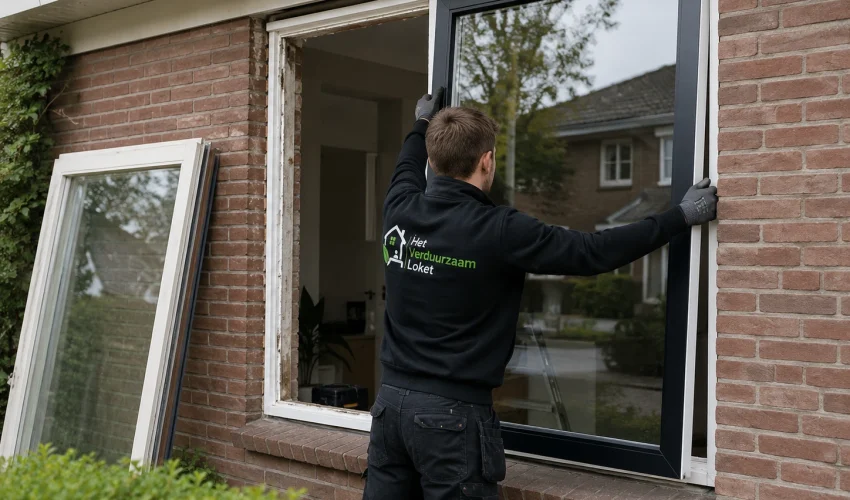 Medewerker plaatst isolerend glas en energiezuinige kozijnen bij een woning.